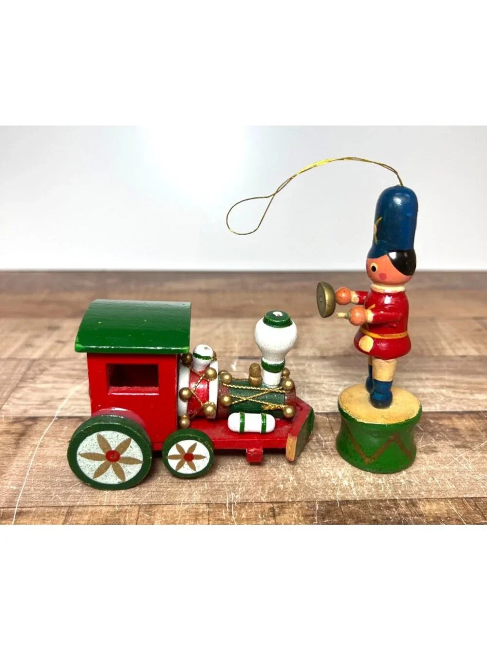 Vtg Hand-Painted Wooden Train & Soldier Christmas Ornaments - Red Green & Gold